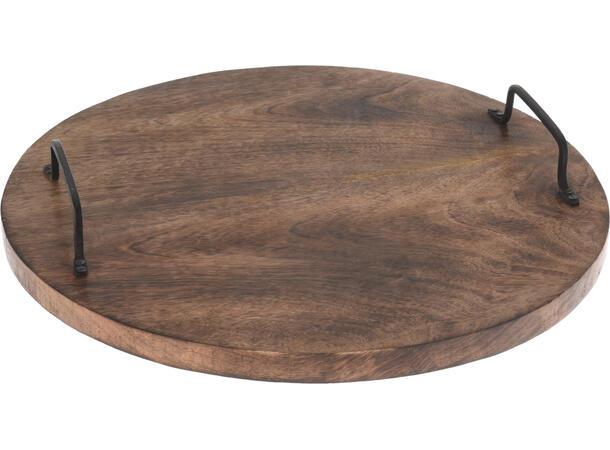 Brett rundt mangotre brent 40x6cm, 2 metallhåndtak