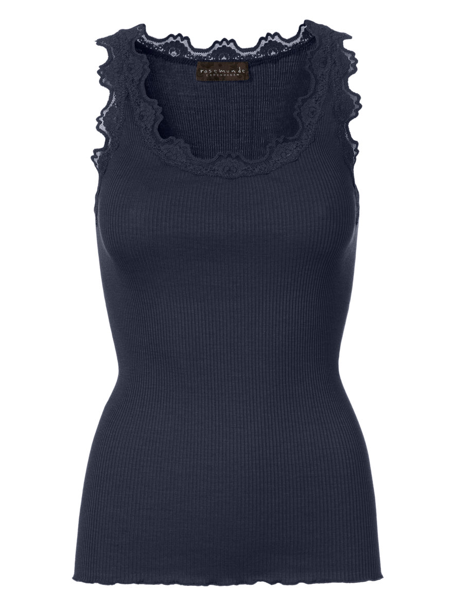 Silk top w/ lace Navy
